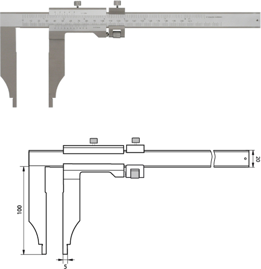 Monoblock-Messschieber 200 mm  / 100mm Messschenkel mit Feinverstellung, Noniuswert 0,05