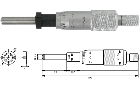 Einbaumessschraube 0-25 mm mit Spannmutter, ballig mit Ratsche