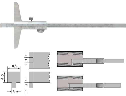 Tiefenmessschieber 300 mm mit Winkelansatz, Noniuswert 0,02