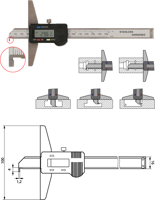 Digitaler Tiefenmesschieber mit Haken 150 mm