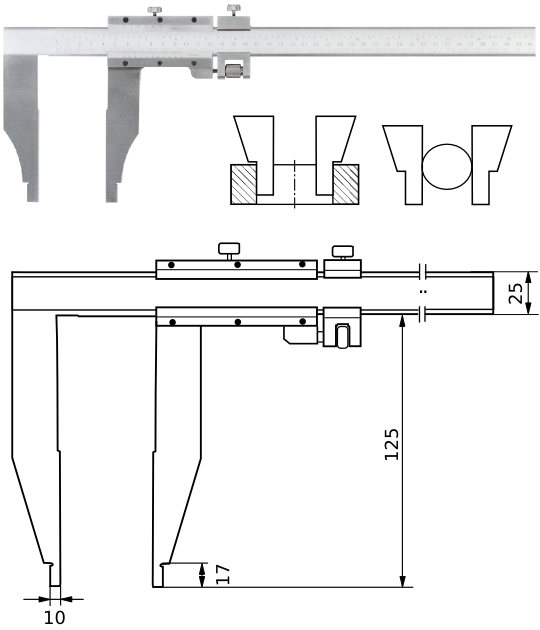 Messschieber Form E 500 mm, Messschenkellänge 125 mm, Noniuswert 0,02