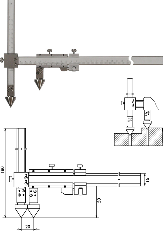 Nonius Messschieber für die Abstandsmessung, Mittelpunkt-Mittelpunkt 200 mm 