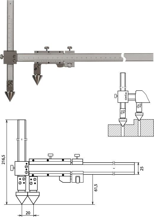 Nonius Messschieber für die Abstandsmessung, Mittelpunkt-Mittelpunkt 500 mm 