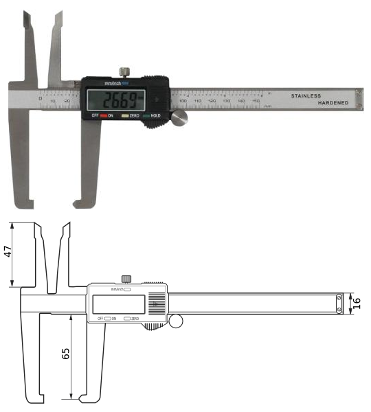 Digitale Bremsscheiben-Messschieber 150 mm mit besonders langen Messschenkeln zur Innenmessung