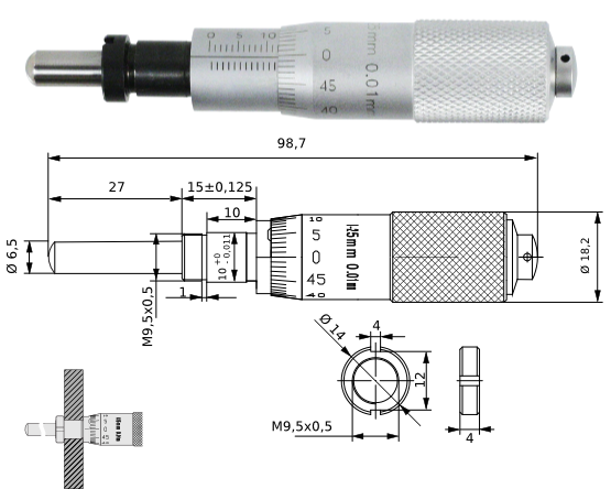 Einbaumessschraube 0-25 mm mit Spannmutter, ballig 